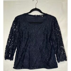 Adrianna Papell Navy Lace Top Size M Lined‎ Floral Lace Elegant Romantic Blouse